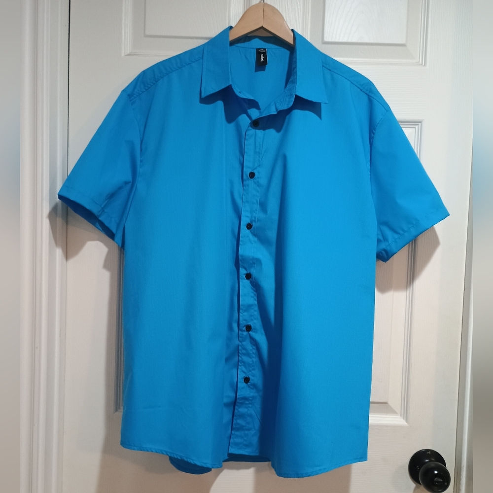 Women's Ouku Casual Blue Button Down Short Sleeve Shirt Size 2XL
